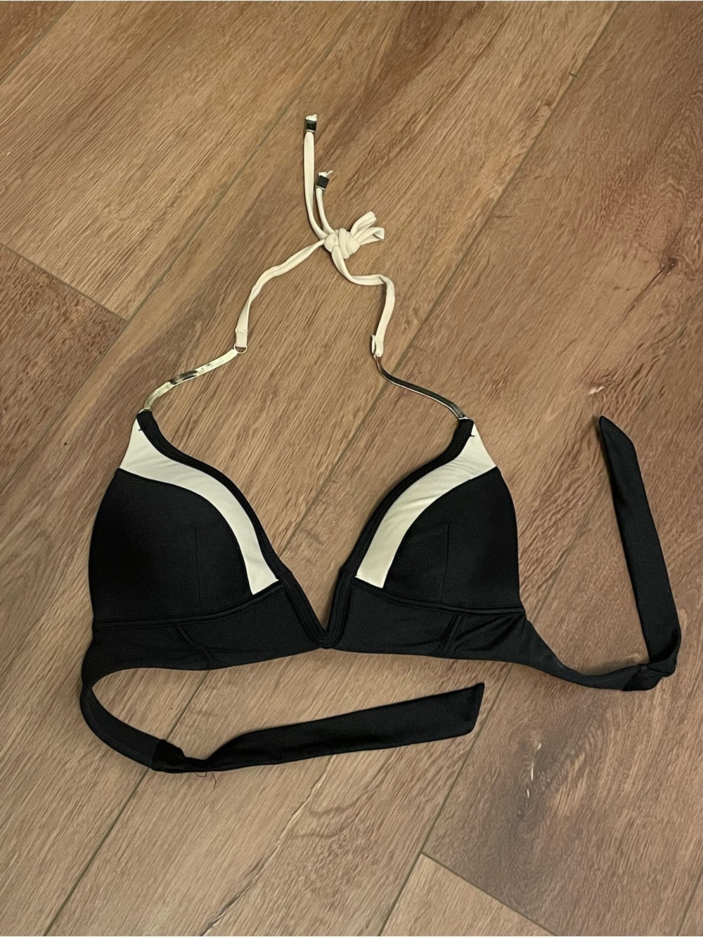 Black and Cream Bikini Top with Gold Accent Straps